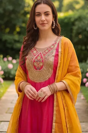 Women Embroidered Empire Thread Work Kurta with Trousers & With Dupatta