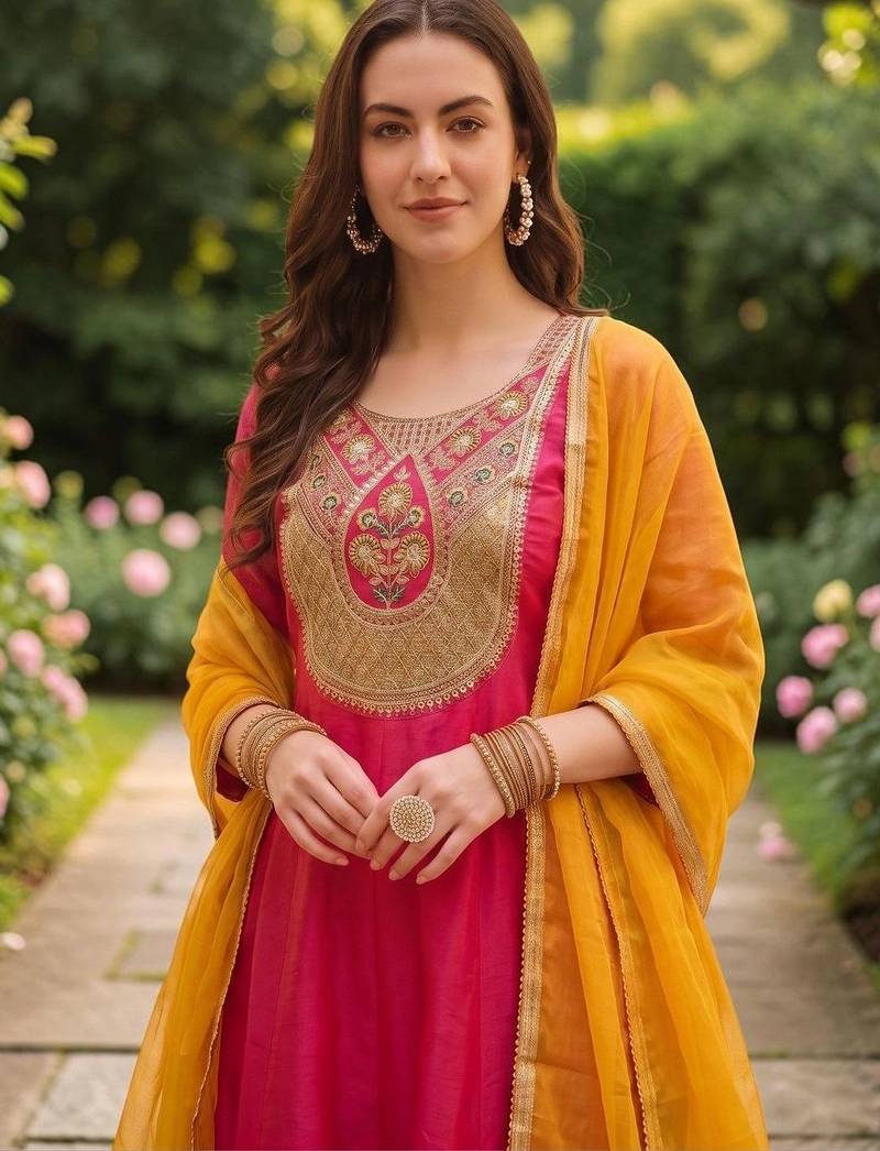 Women Embroidered Empire Thread Work Kurta with Trousers & With Dupatta