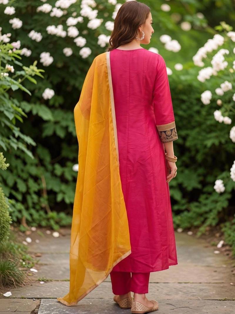Women Embroidered Empire Thread Work Kurta with Trousers & With Dupatta