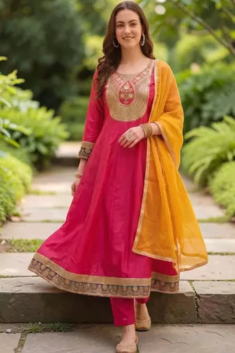 Women Embroidered Empire Thread Work Kurta with Trousers & With Dupatta