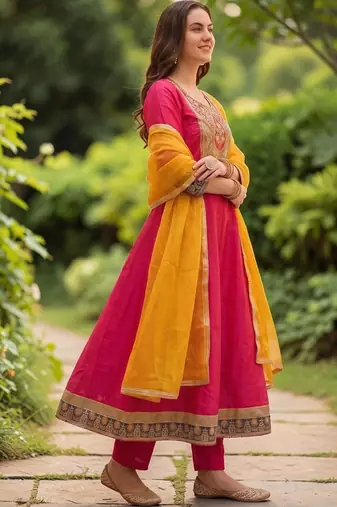 Women Embroidered Empire Thread Work Kurta with Trousers & With Dupatta