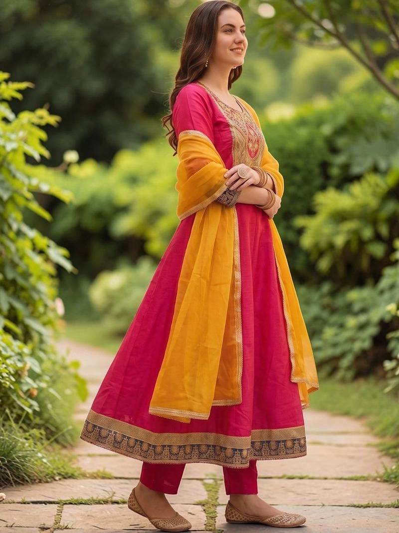 Women Embroidered Empire Thread Work Kurta with Trousers & With Dupatta