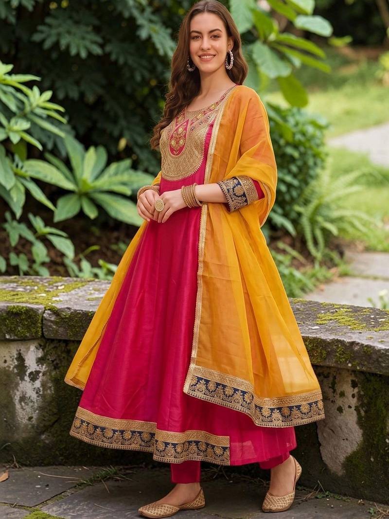 Women Embroidered Empire Thread Work Kurta with Trousers & With Dupatta
