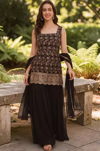 Women Ethnic Motifs Embroidered Regular Kurta with Sharara & With Dupatta
