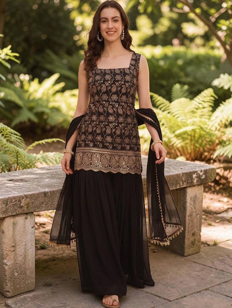 Women Ethnic Motifs Embroidered Regular Kurta with Sharara & With Dupatta