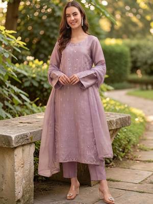 Women Embroidered Regular Mirror Work Silk Crepe Kurta with Trousers & With Dupatta 1
