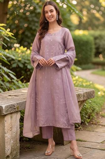 Women Embroidered Regular Mirror Work Silk Crepe Kurta with Trousers & With Dupatta
