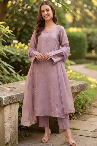 Women Embroidered Regular Mirror Work Silk Crepe Kurta with Trousers & With Dupatta