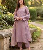 Women Embroidered Regular Mirror Work Silk Crepe Kurta with Trousers & With Dupatta
