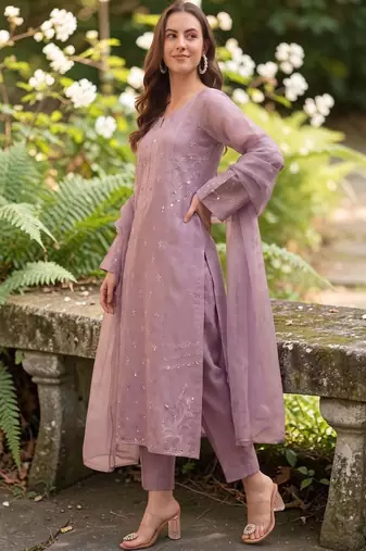 Women Embroidered Regular Mirror Work Silk Crepe Kurta with Trousers & With Dupatta