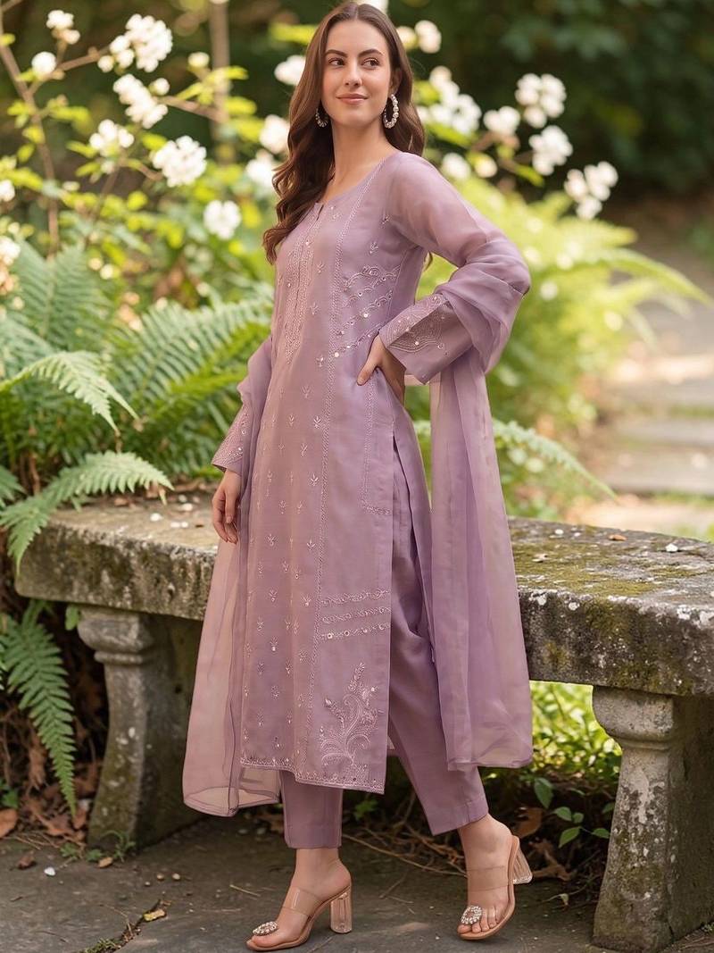 Women Embroidered Regular Mirror Work Silk Crepe Kurta with Trousers & With Dupatta