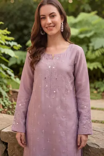 Women Embroidered Regular Mirror Work Silk Crepe Kurta with Trousers & With Dupatta