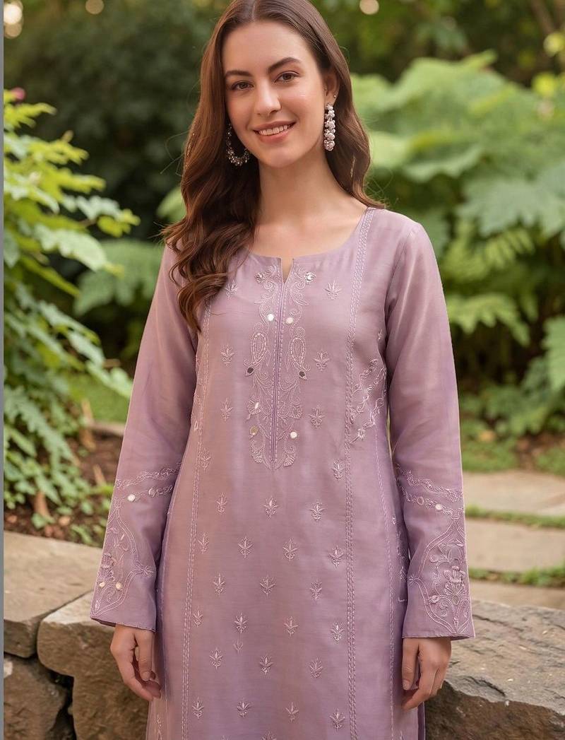 Women Embroidered Regular Mirror Work Silk Crepe Kurta with Trousers & With Dupatta