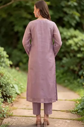 Women Embroidered Regular Mirror Work Silk Crepe Kurta with Trousers & With Dupatta