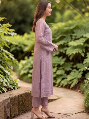 Women Embroidered Regular Mirror Work Silk Crepe Kurta with Trousers & With Dupatta 5