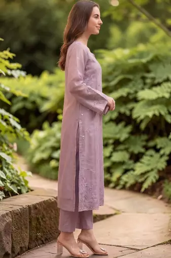 Women Embroidered Regular Mirror Work Silk Crepe Kurta with Trousers & With Dupatta