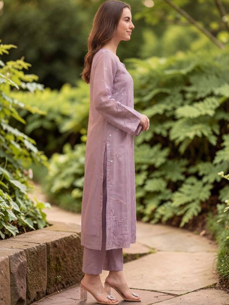 Women Embroidered Regular Mirror Work Silk Crepe Kurta with Trousers & With Dupatta