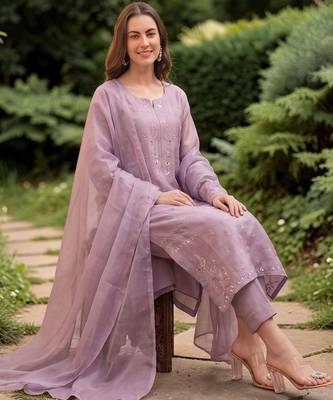 Women Embroidered Regular Mirror Work Silk Crepe Kurta with Trousers & With Dupatta 6