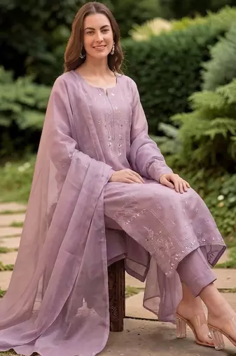 Women Embroidered Regular Mirror Work Silk Crepe Kurta with Trousers & With Dupatta