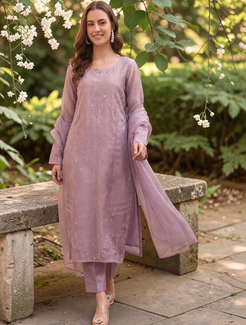 Women Embroidered Regular Mirror Work Silk Crepe Kurta with Trousers & With Dupatta