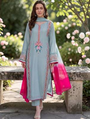 Women Embroidered Thread Work Silk Crepe Kurta with Trousers & Dupatta 1