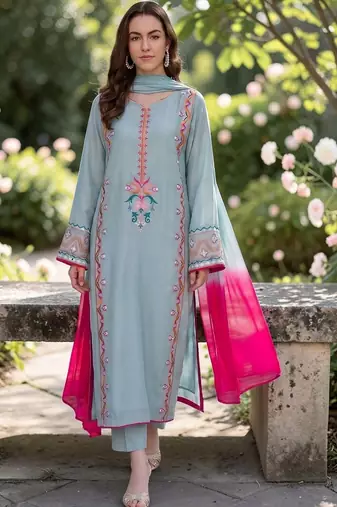 Women Embroidered Thread Work Silk Crepe Kurta with Trousers & Dupatta