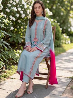Women Embroidered Thread Work Silk Crepe Kurta with Trousers & Dupatta 2