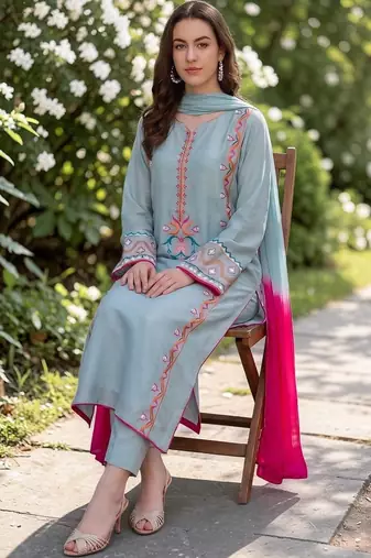 Women Embroidered Thread Work Silk Crepe Kurta with Trousers & Dupatta