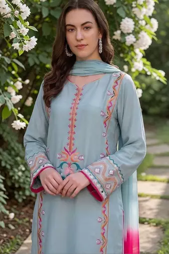 Women Embroidered Thread Work Silk Crepe Kurta with Trousers & Dupatta