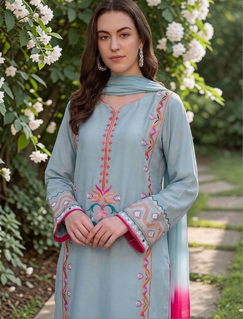 Women Embroidered Thread Work Silk Crepe Kurta with Trousers & Dupatta