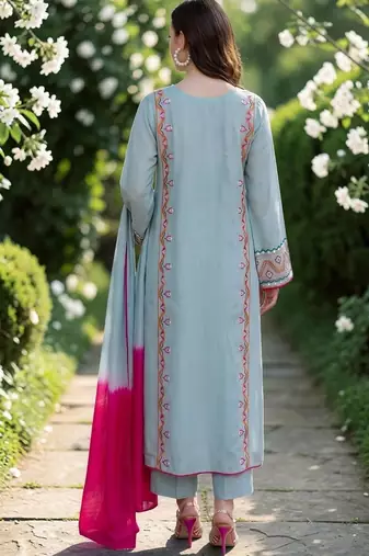 Women Embroidered Thread Work Silk Crepe Kurta with Trousers & Dupatta