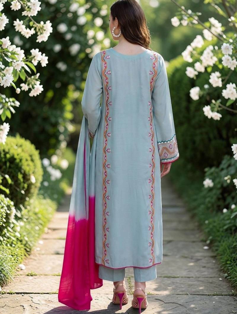 Women Embroidered Thread Work Silk Crepe Kurta with Trousers & Dupatta