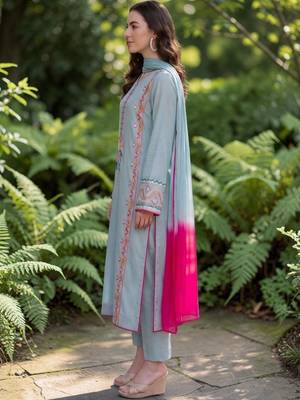 Women Embroidered Thread Work Silk Crepe Kurta with Trousers & Dupatta 5