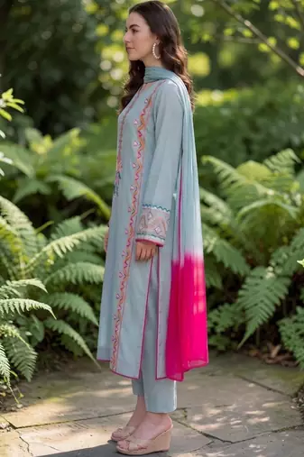 Women Embroidered Thread Work Silk Crepe Kurta with Trousers & Dupatta