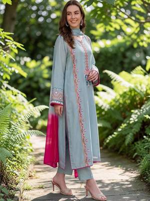 Women Embroidered Thread Work Silk Crepe Kurta with Trousers & Dupatta 6