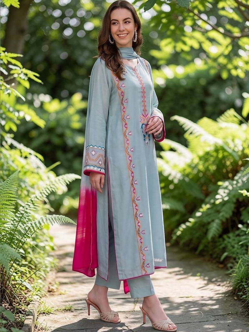 Women Embroidered Thread Work Silk Crepe Kurta with Trousers & Dupatta