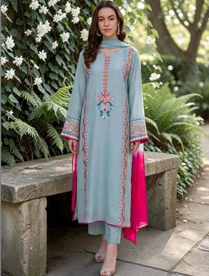 Women Embroidered Thread Work Silk Crepe Kurta with Trousers & Dupatta 7