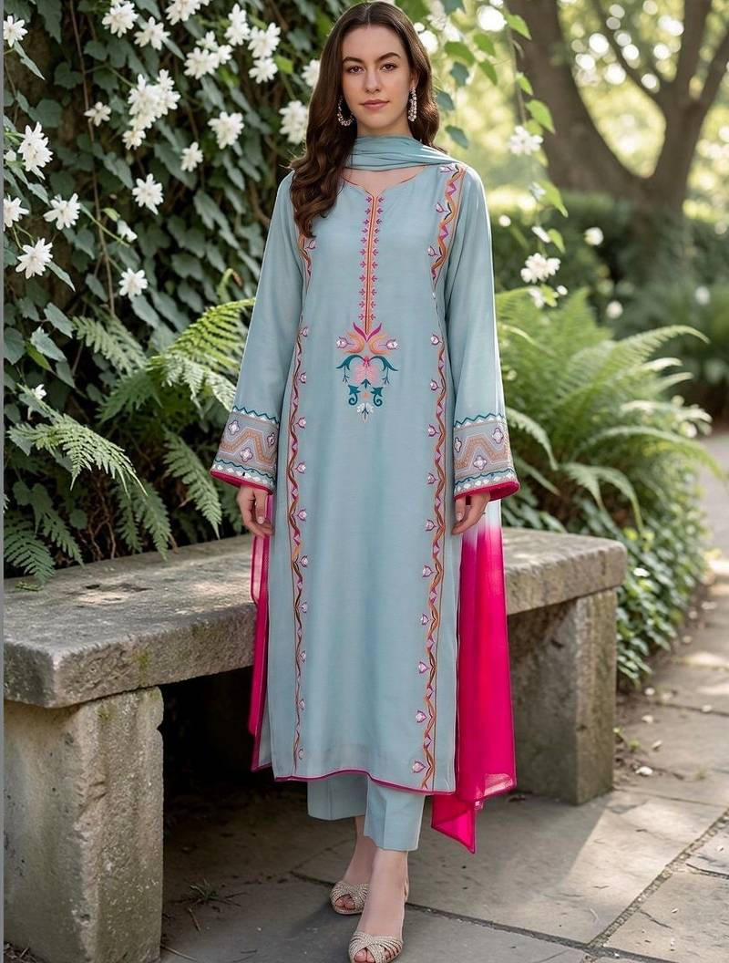 Women Embroidered Thread Work Silk Crepe Kurta with Trousers & Dupatta