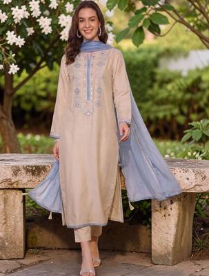Women Embroidered Regular Mirror Work Chanderi Silk Kurta with Trousers & Dupatta 1