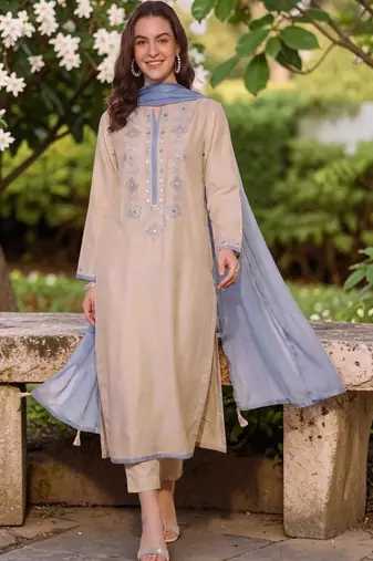 Women Embroidered Regular Mirror Work Chanderi Silk Kurta with Trousers & Dupatta