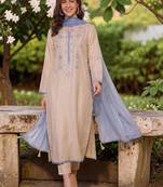 Women Embroidered Regular Mirror Work Chanderi Silk Kurta with Trousers & Dupatta