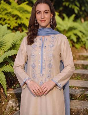 Women Embroidered Regular Mirror Work Chanderi Silk Kurta with Trousers & Dupatta 2