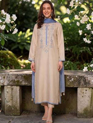 Women Embroidered Regular Mirror Work Chanderi Silk Kurta with Trousers & Dupatta 3
