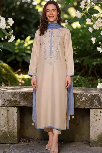 Women Embroidered Regular Mirror Work Chanderi Silk Kurta with Trousers & Dupatta