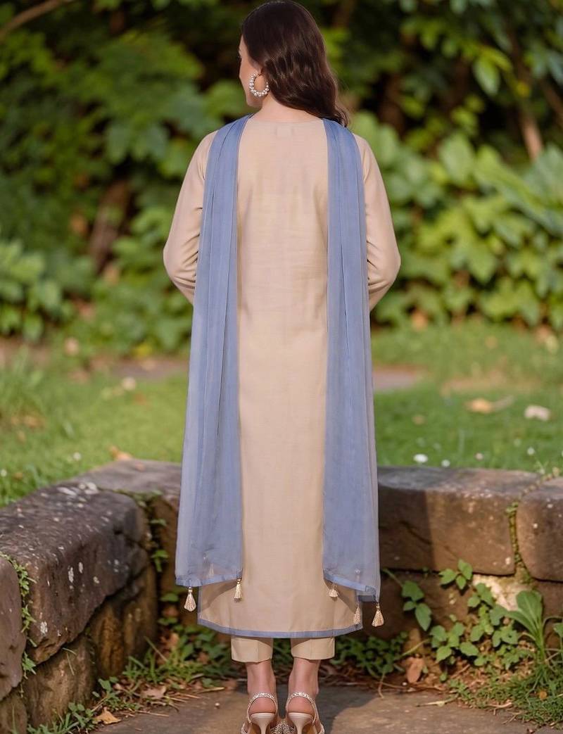 Women Embroidered Regular Mirror Work Chanderi Silk Kurta with Trousers & Dupatta