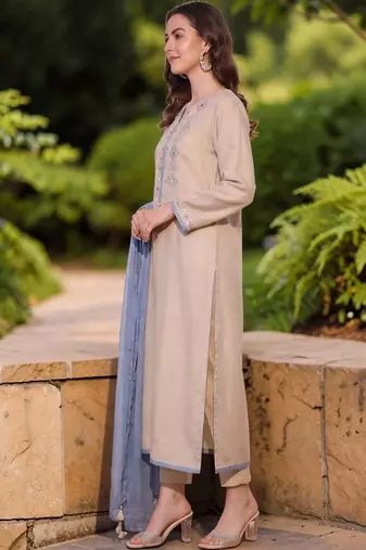 Women Embroidered Regular Mirror Work Chanderi Silk Kurta with Trousers & Dupatta