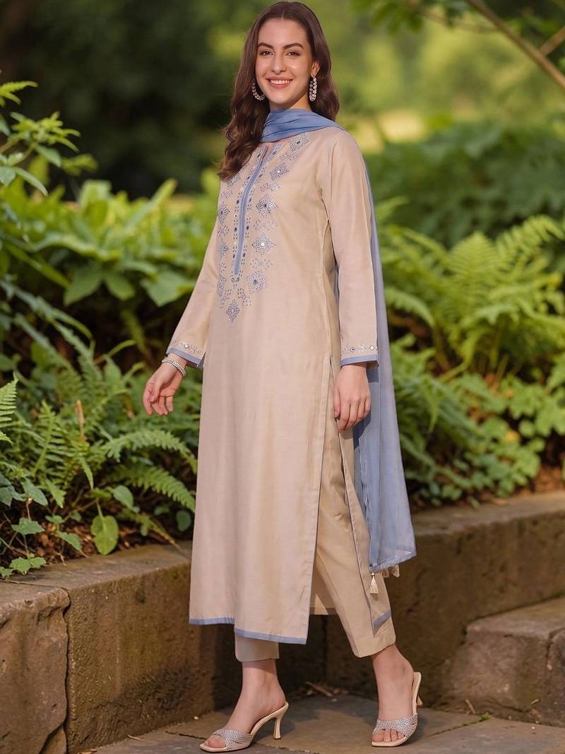 Women Embroidered Regular Mirror Work Chanderi Silk Kurta with Trousers & Dupatta