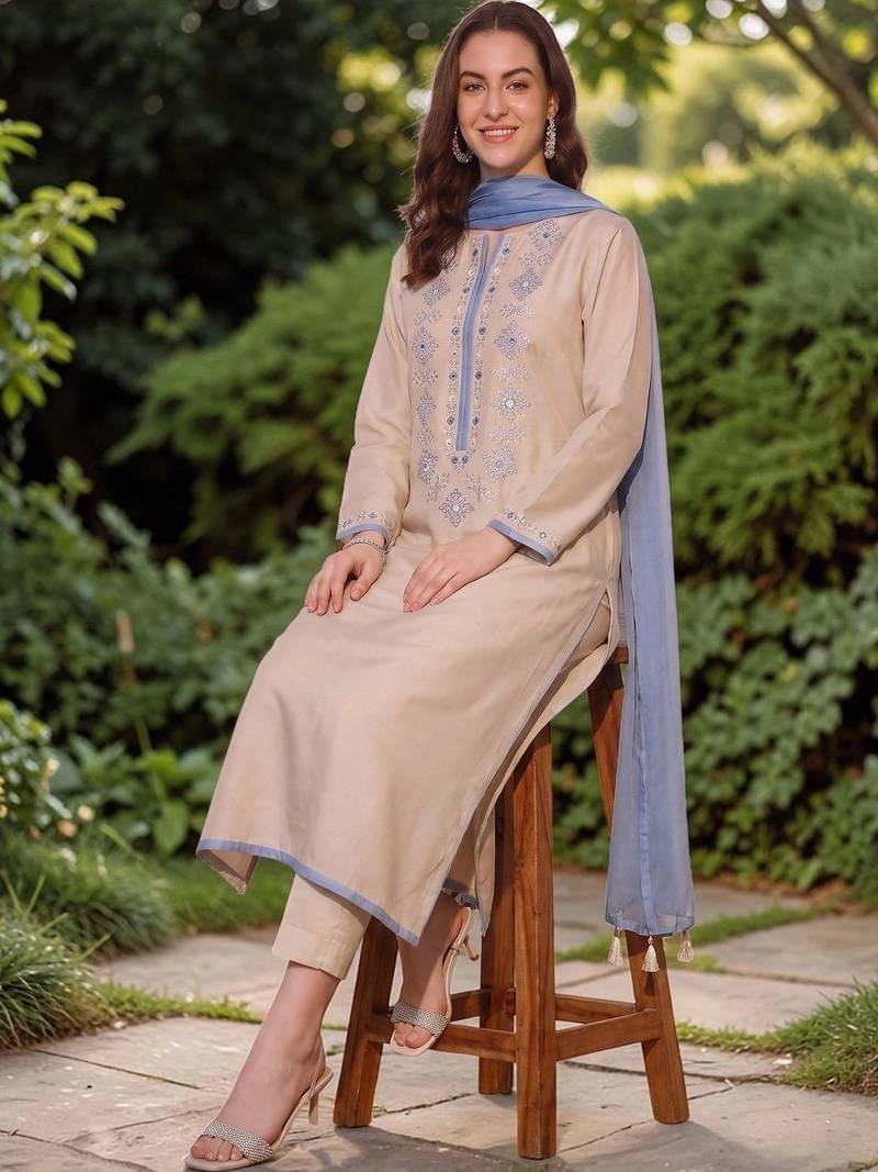 Women Embroidered Regular Mirror Work Chanderi Silk Kurta with Trousers & Dupatta