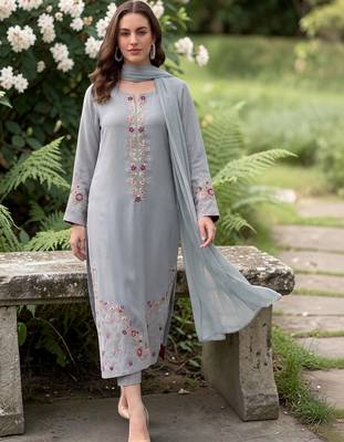 Women Floral Regular Thread Work Chanderi Silk Kurta with Trousers & With Dupatta 1