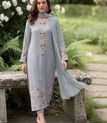 Women Floral Regular Thread Work Chanderi Silk Kurta with Trousers & With Dupatta